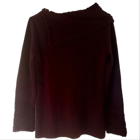 Dana Buchman Women Boucle Knit Collar & Cuff Burgundy Merino Wool Sweater Small - Picture 2 of 5